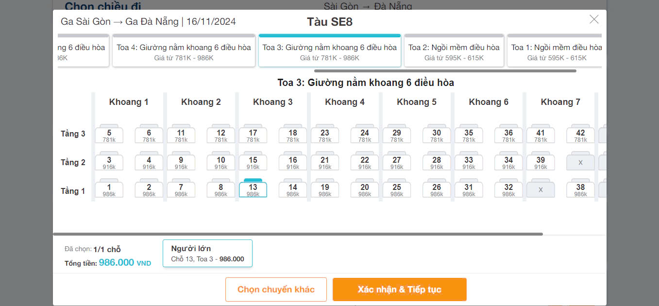 Chọn khoang tàu và hạng ghế