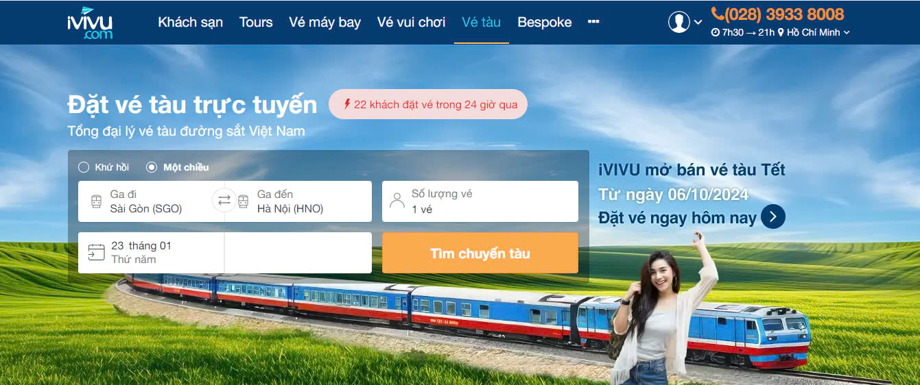 Giao diện đặt vé tàu tại website iVIVU.com