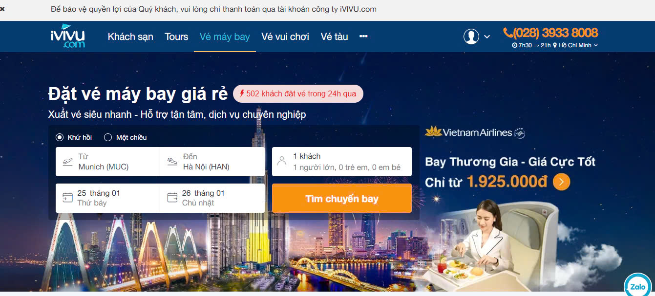 Giao diện đặt vé máy bay tại website ivivu.com