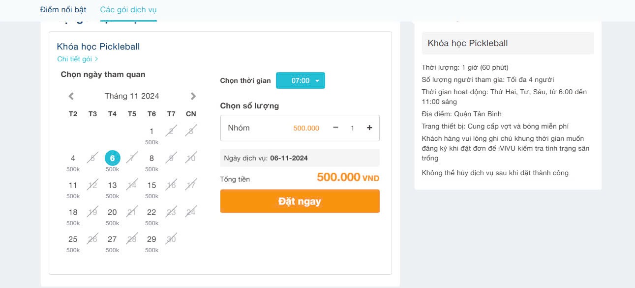 Giao diện đặt vé Pickleball tại website ivivu.com